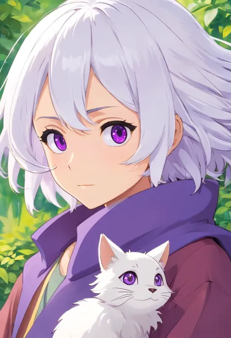 Create an anime-style illustration of a small Tontata-style man with intricate details. The man should have (((white hair))), (((purple eyes))), and a playful appearance with both a raccoon tail and raccoon ears. Additionally, give him fluffy, cat-like ear...