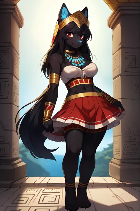 female black dog, black body, long black hair, cute snout, black dog ears, blue_ear_fluff:1.2,  blue_nose:1.2, blue and red Aztec style clothing, red eyes, red arm warmers, blue feathered skirt, red leggings, blue feathered aztec headdress, stone Aztec nec...