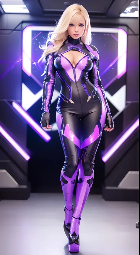 blond, blue eye sexy look standing cyber  Motocycle symmetry portrait of diva from overwatch, full body, sci - fi, tech wear, glowing purple lights intricate, elegant, highly detailed, digital painting, art station, concept art, smooth, sharp focus, illust...