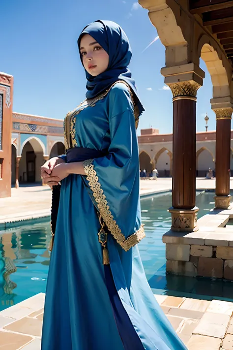 Full caftan moroccan outfit Islamic hyper realistic super detailed Dynamic shot master piece scene