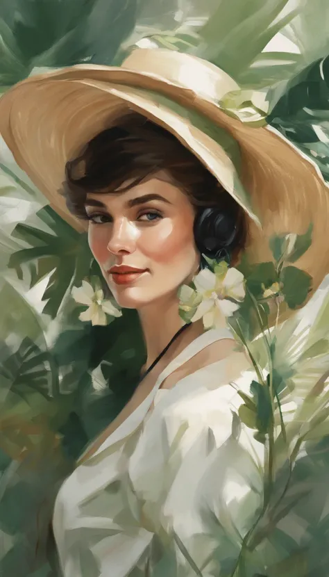 An illustration of a portrait of a beautiful white woman with black hair smiling, dressed with a green and white dress, wearing a straw hat, a sunny day in the background, a lot of details, Perfect centering, Wearing a jacke，With a round face，in green，flor...