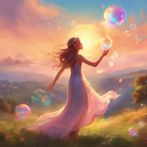 A girl blowing soap bubbles on a sunny day