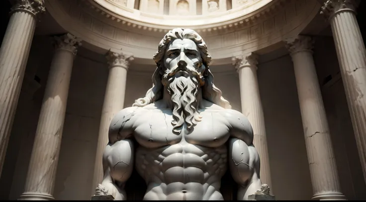 Cesar Greek statue portrait marble sculpture of a face of god in a wrecked place, beard, muscular, full body, with a spleen raising a ray, cinematography, epic light and shadow, high contrast, professional photography