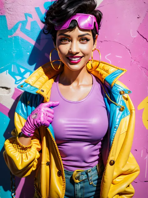 jubilee,short black hair, brown eyes, solo, standing,  upper body,     covered ,   smile, 
jubjak,  open yellow jacket, purple s...