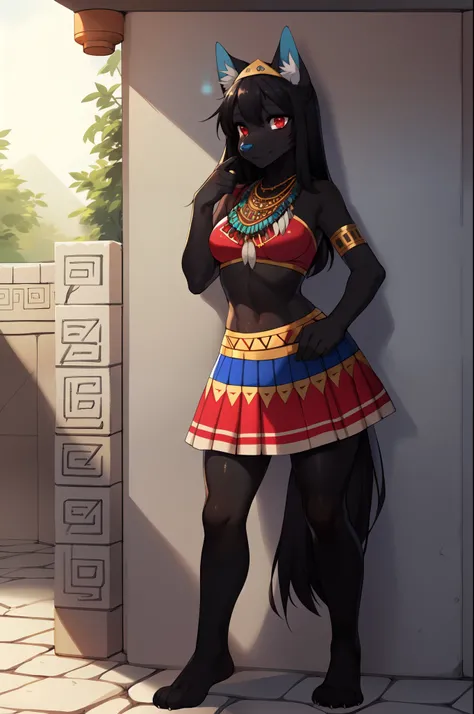 female black dog, black body, long black hair, cute snout, black dog ears, blue_ear_fluff:1.2,  blue_nose:1.2, blue and red Aztec style clothing, red eyes, tribal clothing, blue_feathered_skirt:1.2, red leggings, blue feathered aztec headdress, stone Aztec...