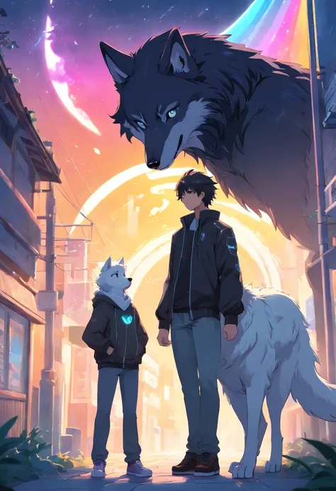 A black wolf and a white wolf is a young teenage man with white curly hair and a black outfit with rainbow details holding a spirit