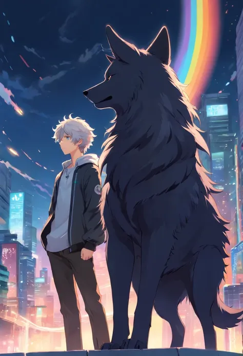 A black wolf and a white wolf is a young teenage man with white curly hair and a black outfit with rainbow details holding a spirit