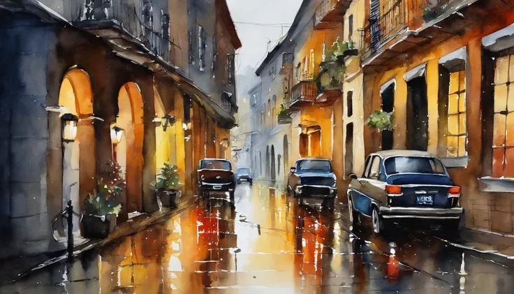 uma pintura em aquarela de uma paisagem, Uma paisagem urbana, (wet floor:1.5), Vehicles, pessoas caminhando, Buildings