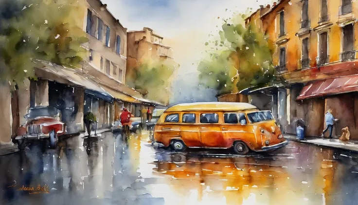 uma pintura em aquarela de uma paisagem, Uma paisagem urbana, (wet floor:1.5), Vehicles, pessoas caminhando, Buildings