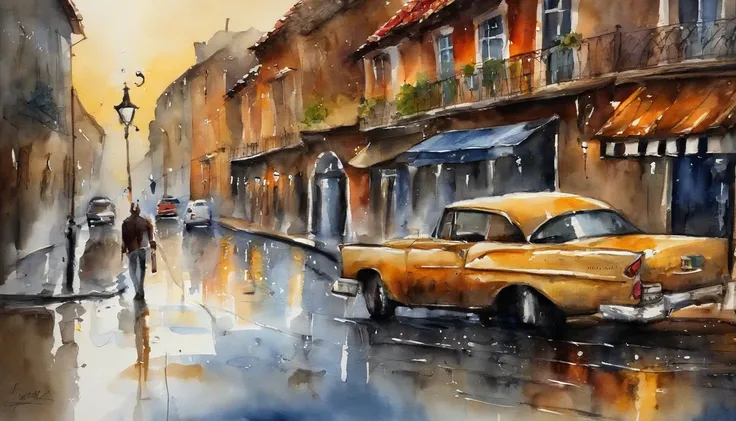 uma pintura em aquarela de uma paisagem, Uma paisagem urbana, (wet floor:1.5), Vehicles, pessoas caminhando, Buildings