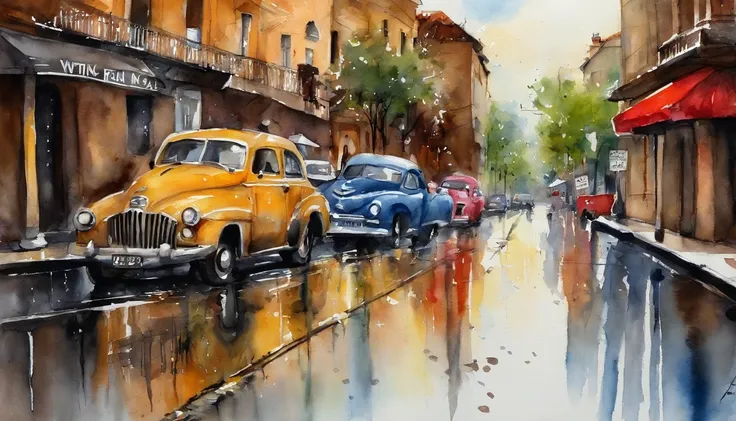 uma pintura em aquarela de uma paisagem, Uma paisagem urbana, (wet floor:1.5), Vehicles, pessoas caminhando, Buildings