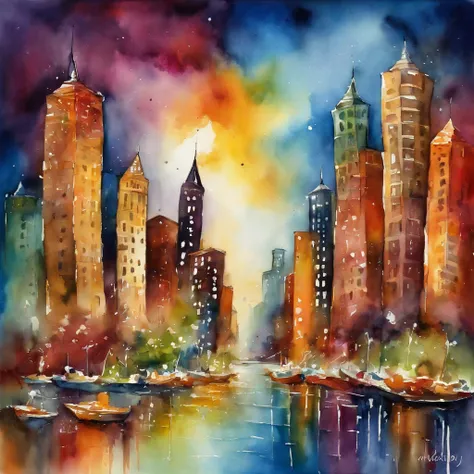 Uma grande cidade em estilo disco-elysium, starly sky, sky scraper, An abundance of colors, Aquarela expressionista