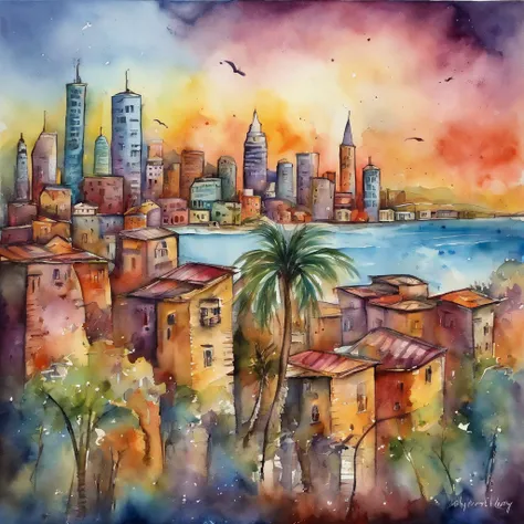 Uma grande cidade em estilo disco-elysium, starly sky, sky scraper, An abundance of colors, Aquarela expressionista