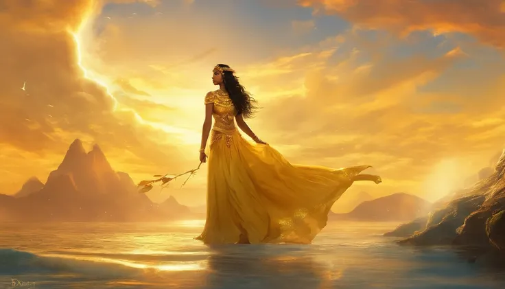 mulher em um vestido amarelo segurando um guarda-chuva amarelo, photoshoot real rainha dos oceanos, fantasy photoshoot, epic 3 d oshun, Deusa do Sol, Retrato de Darna moderno, irradiando luz dourada, como a deusa do sol, luz solar dourada, Hora de Ouro Bri...