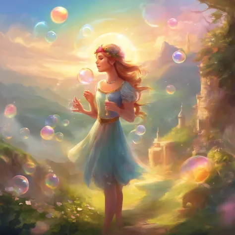 A girl blowing soap bubbles on a sunny day