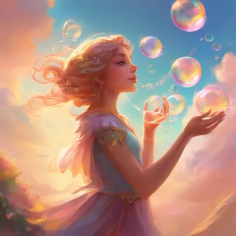 A girl blowing soap bubbles on a sunny day