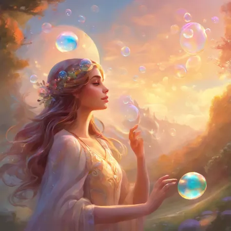 A girl blowing soap bubbles on a sunny day