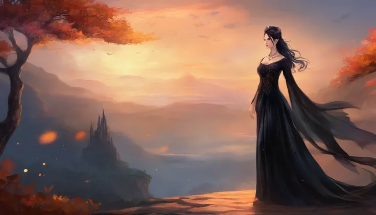 there is a woman in a black dress standing on a rock, Garota Anime usando um vestido preto, fantasy style clothing, vestido longo preto escuro, an elegant gothic princess, Xianxia de corpo inteiro, Sha Xi, uma mulher elegante no vestido preto, por Yang J, ...