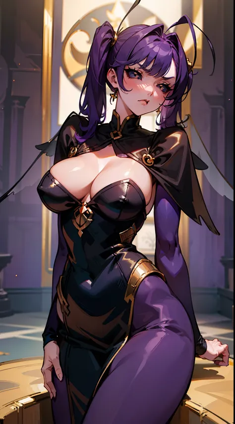 (Original Character,8k, Masterpiece, Best Quality,Detailed, Beautiful Detailed Eyes, solo),mature female,tall,cleavage,big breasts,sexy,fine skin,cowboy shot,(black eyes),black sclera,purple hair,twintail hair,medium hair,pantyhoses,(((hair 2antennas))),go...