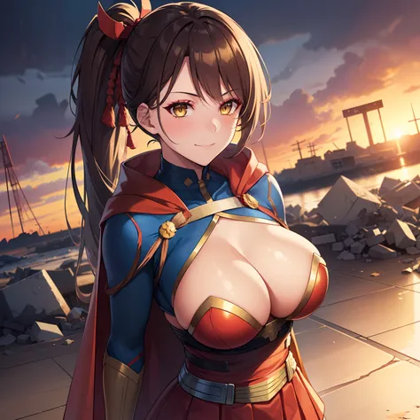 1girl,Zuikaku,gigantic breasts,superhero pose,standing in ruined city,(8k),scratches,detailed face,brown hair,yellow eyes,very long hair,embarassed,small smile face, side ponytail,orange eyeshadow,hair ornament, high_res, high_definition,the battlefield,bl...