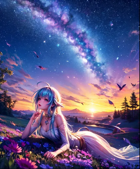 Describe a scene where a cute girl character is lying on a grassy hill, Looking up at the starry sky. Surround her with colorful nebulae and her favorite constellations.