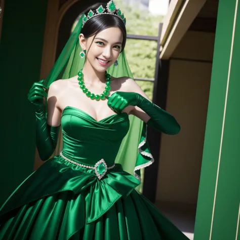 emerald tiara, Green Pearl Necklace, Boyish very short black hair, lipsticks, Japan woman smiling, very short short hair, big breasts beautiful, Green eyes, Long green gloves made of satin material, Green eyes, Emerald Earrings