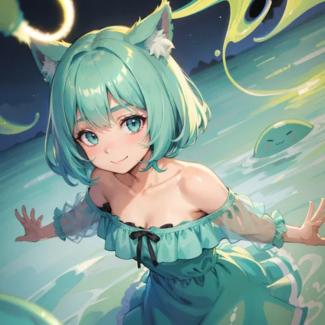 adult catgirl with short turquoise hair in a bobcut, smile, off-shoulder dress, dynamic pose, plain background, slime, masterpiece, highest quality, (solo focus), (perfect face:1.1), (high detail:1.1), solo