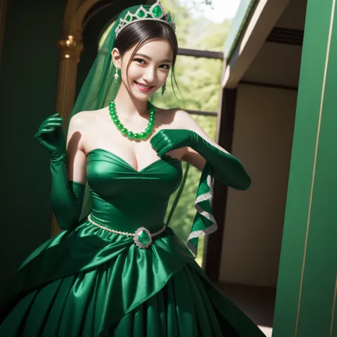 emerald tiara, Green Pearl Necklace, Boyish very short black hair, lipsticks, Japan woman smiling, very short short hair, big breasts beautiful, Green eyes, Long green gloves made of satin material, Green eyes, Emerald Earrings