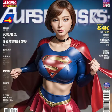 (Best Quality,4K,8K,hight resolution,masutepiece:1.2),Ultra-detailed,Realistic:1.37,Super masterpiece,Short-haired Supergirl、large full breasts、Looking at the camera、Glossy costume、a choker、Too short miniskirt、Magazine covers、tabloid