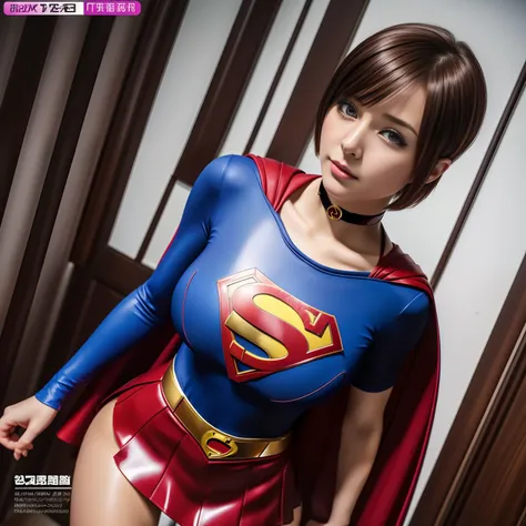 (Best Quality,4K,8K,hight resolution,masutepiece:1.2),Ultra-detailed,Realistic:1.37,Super masterpiece,Short-haired Supergirl、large full breasts、Looking at the camera、Glossy costume、a choker、Too short miniskirt、Magazine covers、tabloid