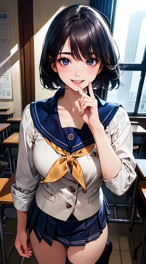 (masterpiece:1.2, top-quality), (realistic, photorealistic:1.4), beautiful illustration, NSFW, 
looking at viewer, cowboy shot, front view:0.8, 
1 girl, japanese, high school girl, black hair, (short hair:1.4), (bob hair:1.2), bangs, hair between eye, blue...