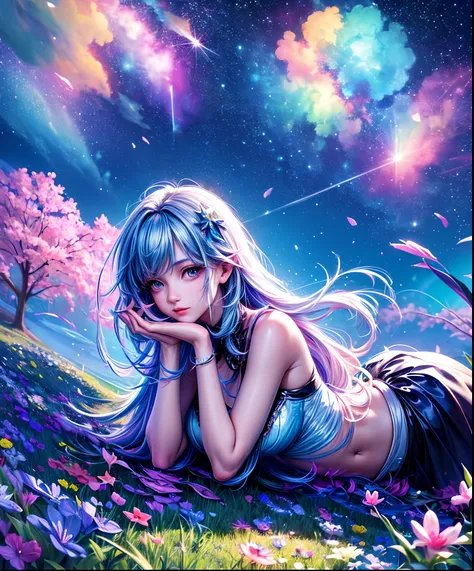 Describe a scene where a cute girl character is lying on a grassy hill, Looking up at the starry sky. Surround her with colorful nebulae and her favorite constellations.