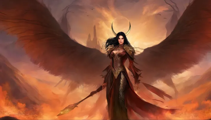 Morrigan, Deusa da guerra na mitologia celta irlandesa, Related to the fury of battle, is described as being able to take the form of any living creature, associada com o corvo. Standing full body. fundo com corvos. Estilo mito. poder e magia. mistic. medi...