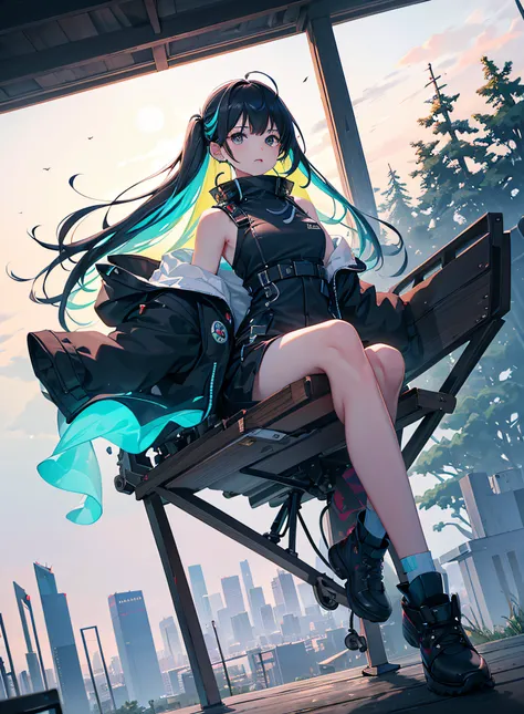 girl sitting cross-legged, old chair, multicolored hair, blowing gum in the air, long jacket, holding a shotgun up, hole in the roof of the house showing the moon, bioluminescence, Expansive landscape photography, highest quality photography, (masterpiece)...