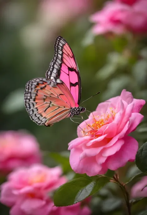 ((Beautiful pink with delicate petals and colorful butterfly)|(rosa encantadora adornada com borboleta vibrante))