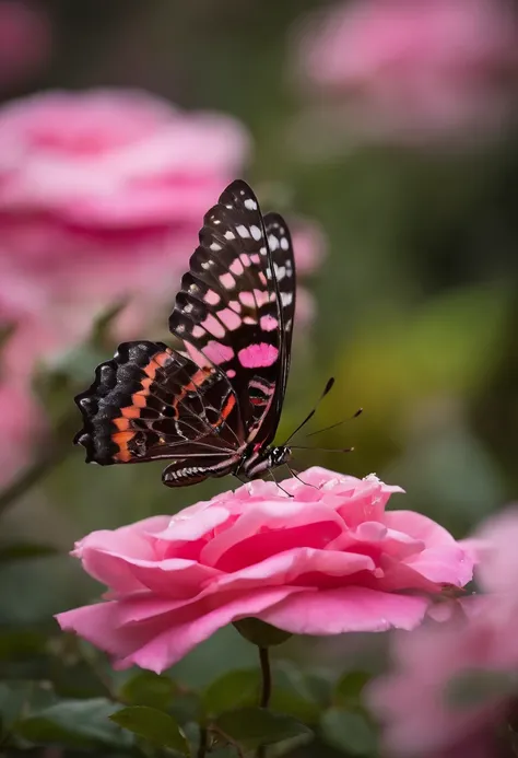 ((Beautiful pink with delicate petals and colorful butterfly)|(rosa encantadora adornada com borboleta vibrante))