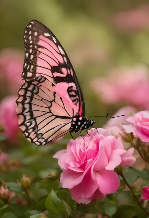 ((Beautiful pink with delicate petals and colorful butterfly)|(rosa encantadora adornada com borboleta vibrante))