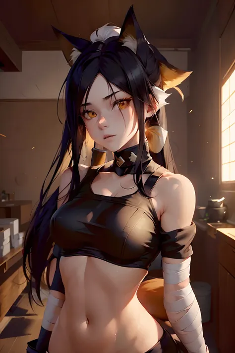 1girl, bandages, midriff, gold eyes, pale skin, super saiyan, black hair, head tilt, wide-eyed, fox ears, fox tail