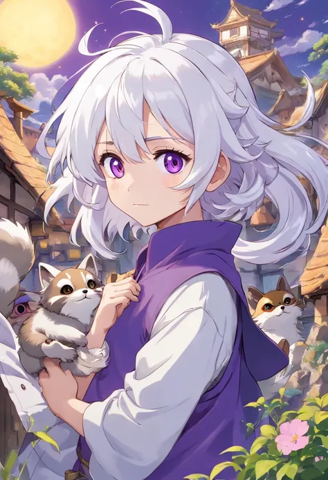 Create an anime-style illustration of a small Tontata-style man with intricate details. The character should have (((white hair))), (((purple eyes))), and a playful appearance, featuring both a raccoon tail and raccoon ears. Additionally, give him fluffy, ...