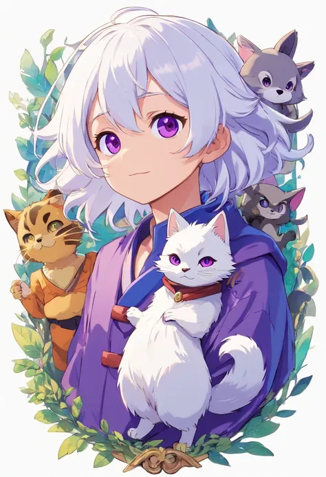 Create an anime-style illustration of a small Tontata-style man with intricate details. The character should have (((white hair))), (((purple eyes))), and a playful appearance, featuring both a raccoon tail and raccoon ears. Additionally, give him fluffy, ...