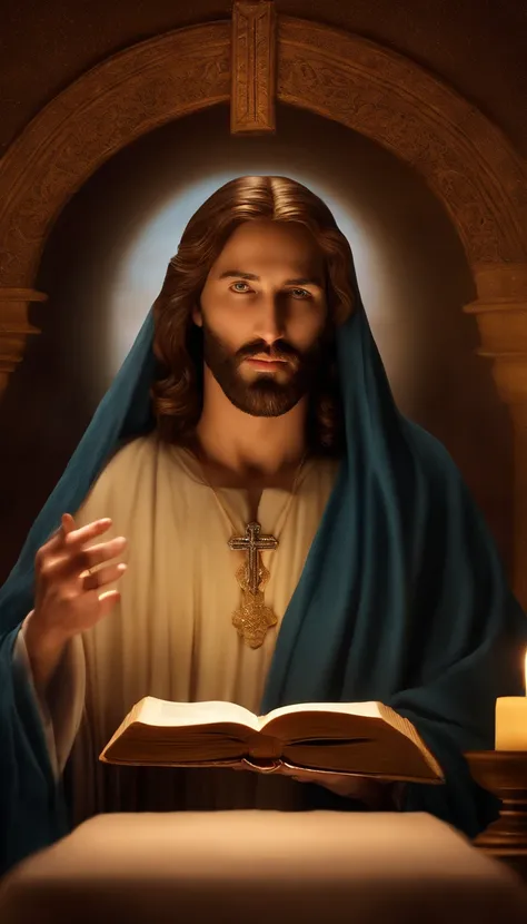 (alta qualidade: 1.3), Cinematic Still Shot, obra-prima, (foco nítido: 1.5), (fotorrealista: 1.3), medium portrait of (Jesus holding a HOLY BIBLE IN A FLASHY SETTING), fundo detalhado, clear lighting, twilight lighting, volumeric lighting, detalhes complex...