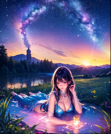 Describe a scene with a cute girl character lying on grassy water, Looking up at the starry sky. Surround her with colorful nebulae and her favorite constellations.