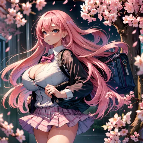 The most beautiful and sexy school girl, pink hair, blue eyes, huge gigantic tits, cleavage showing, wearing highly detailed and sexy school uniform and backpack, tons of tattoos and piercings, school campus, cherry blossoms blowing in the wind, highly det...