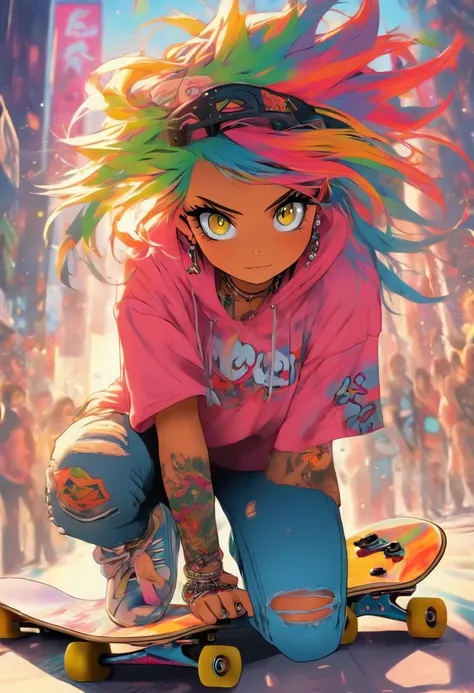 The most beautiful and sexy skateboard girl, rainbow colored hair, yellow eyes, wearing hoodie, graphic t-shirt, torn skinny jeans and highly detailed skateboard gear, tons of tattoos and piercings, highly detailed background, perfect masterpiece, high qua...