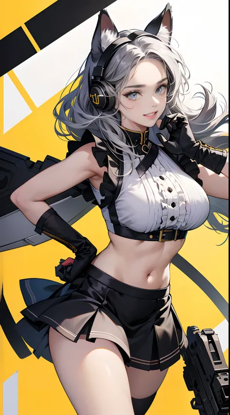 (Best Quality,4K,High resolution), (Best Quality,4K,High resolution), 18yo woman, femele，Siamese cat feminization，Cats ears，Cat Ear Headphones，Gray-haired princess hair，Long perm with gray hair,，Forehead，Black mesh hair，Sauce order，Big Cat Gloves，arma:fire...