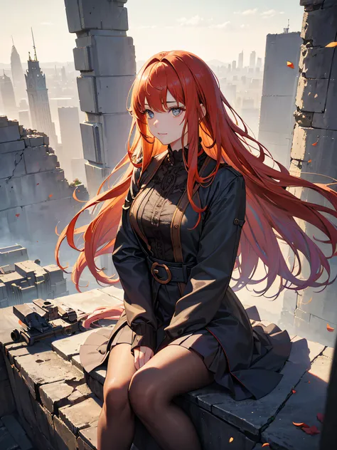 highest quality image, (masterpiece), (detailed: 1.4), perfect drawing, (ultra-realistic), expansive landscape photography, (a view from above that shows the city below and the expansive open countryside), a young girl sitting on the edge of the top of a b...