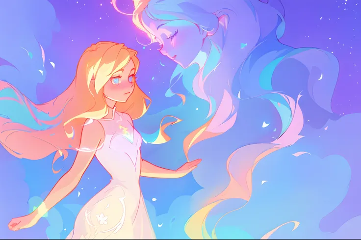 anime, a girl with long hair, princess flowing gown, long glowing ethereal hair, glowing flowing hair, flowing glowing hair, anime girl with cosmic hair, beautiful young wind spirit, long glowing hair, beautiful anime art style, beautiful digital illustrat...