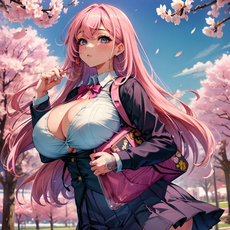 The most beautiful and sexy school girl, pink hair, blue eyes, huge gigantic tits, cleavage showing, wearing highly detailed and sexy school uniform and backpack, tons of tattoos and piercings, school campus, cherry blossoms blowing in the wind, highly det...