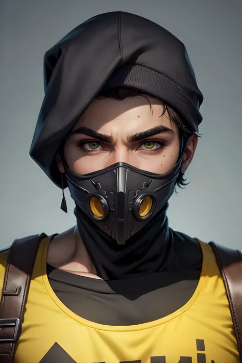 Homem erious face wearing a mask, estilo farlight 84, fortnite e pubg, aspecto sombrio, foto de frente, olhos verdes, roupa de couro cor preta com detalhes laranja