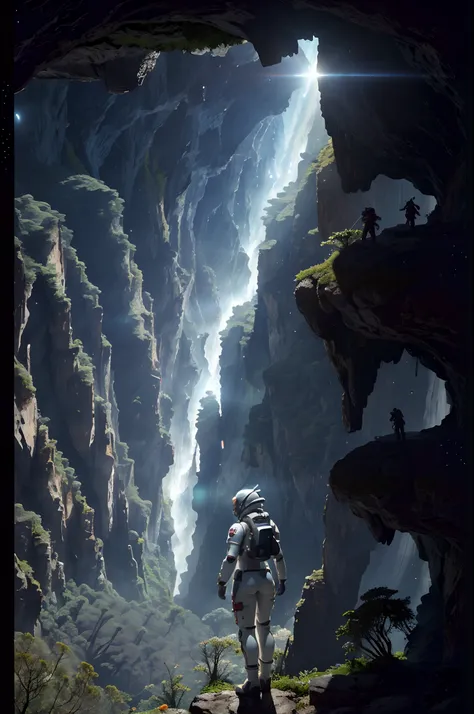 (35mmstyle:1.2), Highly detailed RAW color Photo, Rear Angle, Full Body, of (female space marine, wearing white and red space suit, futuristic helmet, tined face shield, rebreather, accentuated booty), outdoors, (standing on Precipice of tall rocky mountai...